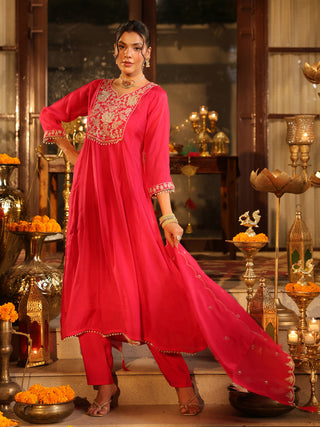 Pink Embroidered Anarkali Kurta Set with Pocket