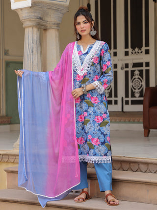 Blue Floral Print Lace 3-Piece Kurta Set