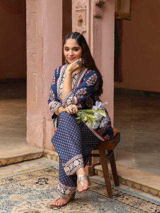 Navy Blue Mughal Print Straight 2-Piece Kurta Set