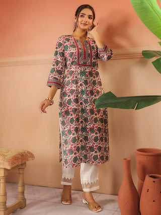 Green Floral Print Cotton Straight Kurta