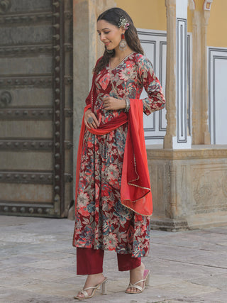 Women Maroon Floral Printed A-line Kurta With Solid Trouser And Dyed Dupatta