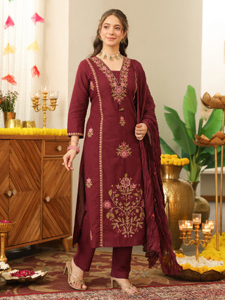 Wine Floral Embroidered Cotton Straight Kurta Set