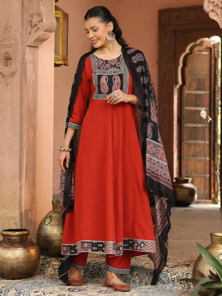Red Printed 3-Piece Anarkali Kurta Set