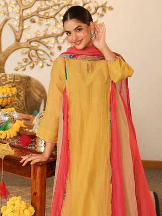 Yellow Beaded Chanderi Anarkali Kurta Set with Pocket