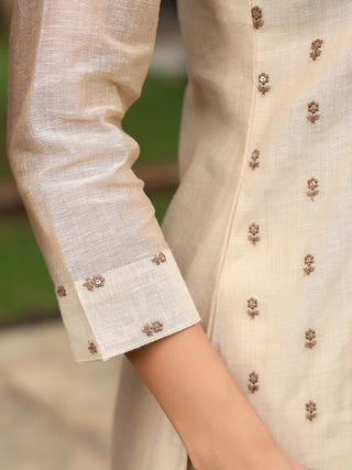 Beige Embroidered 3-Piece Straight Kurta Set