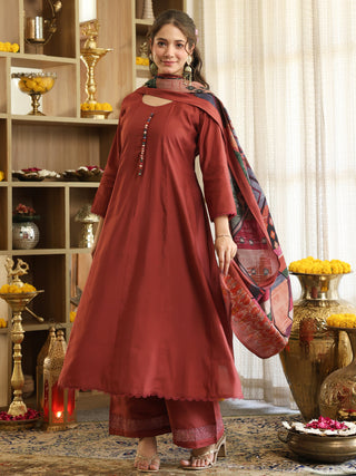 Brick Red Chanderi A-Line Kurta Set
