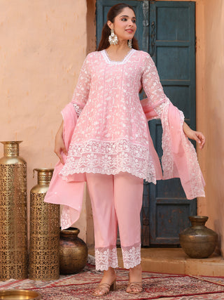 Pink Floral Embroidered Lace 3-Piece Straight Kurta Set