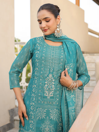 Teal Ethnic Motif Print 3-Piece Straight Kurta Set