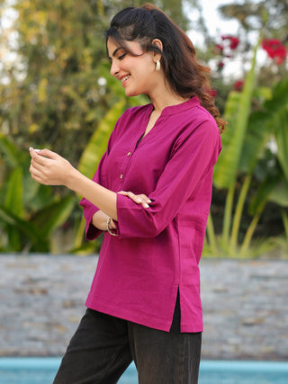 Women Mandarin Collar Cotton Regular Top