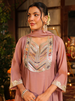 Mauve Embroidered Chanderi A-Line Kurta Set with Pocket