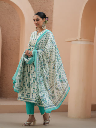 Women Teal Floral Printed Pure Cotton A-line Kurta With Solid Trouser And With Printed Dupatta