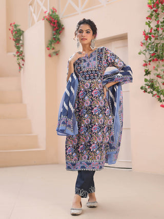 Women Blue Floral Printed Pure Cotton Straight Kurta With Trouser And Dupatta