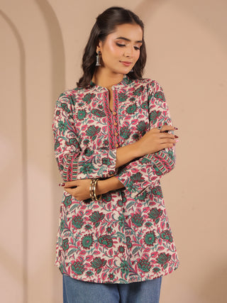 Green Floral Print Cotton Mandarin Collar Top