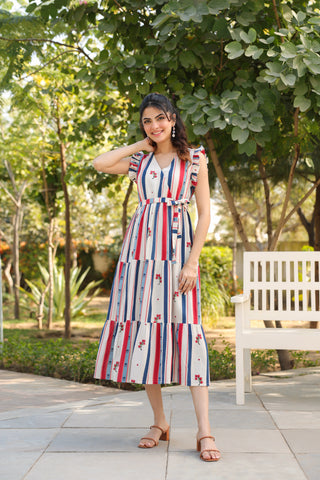 Beige Striped Fit & Flare Dress