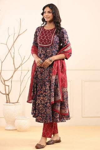 Women Floral Embroidered Pure Cotton Kurta with Trousers and Dupatta