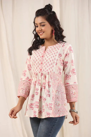 Women Peach Ethnic Motifs Printed Pure Cotton Kurti