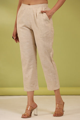 Women Textured Cotton Pleated Cigarette Trousers