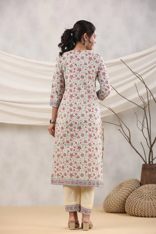 Women Cream and Pink Printed Sequinned Cotton Kurta with Trousers