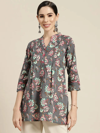 Women Grey Floral Printed Pure Cotton A line Kurti