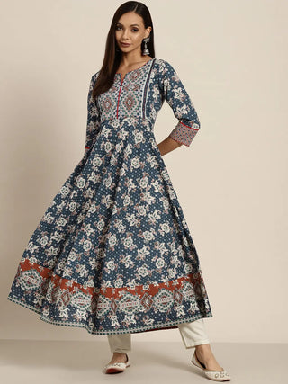 Women Navy Blue & Off White Pure Cotton Floral Print Anarkali Kurta