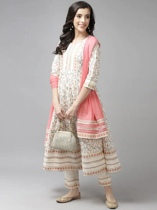 Women Cream and Pink Floral Printed Anarkali Kurta Set