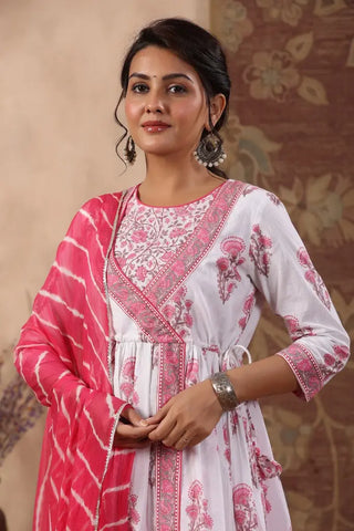 Women Fuchsia Floral Printed Pure Cotton Anarkali Kurta with Trousers & With Dupatta