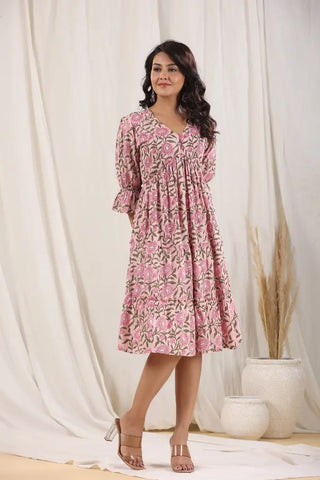 Women Pink Floral Printed Pure Cotton Ethnic Dress