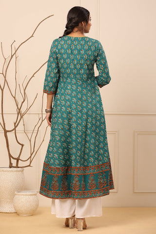 Women Teal Blue Ethnic Motifs Printed Anarkali Kurta