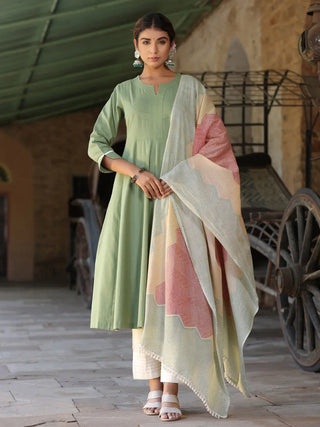 Women Green Solid Yoke Design Anarkali Kurta With Printed Dupatta And Trouser