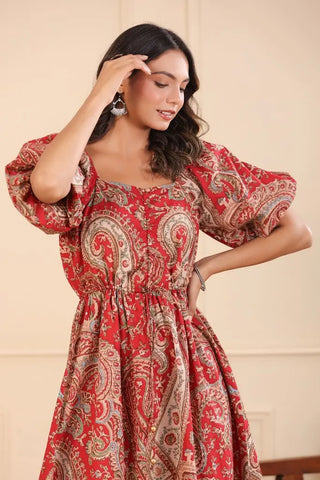 Women Red A-line White-Printed Dress