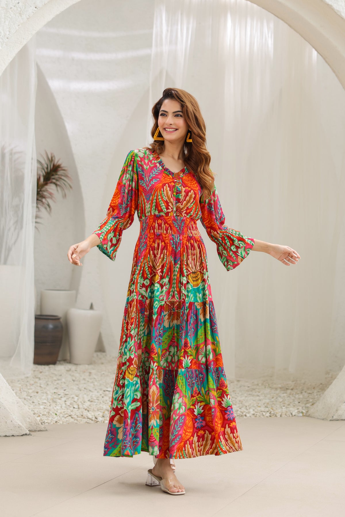Women Abstract Printed Fit & Flare Maxi Ethnic Dress Rain & Rainbow Women Abstract Printed Fit & Flare Maxi Ethnic Dress Rain & Rainbow