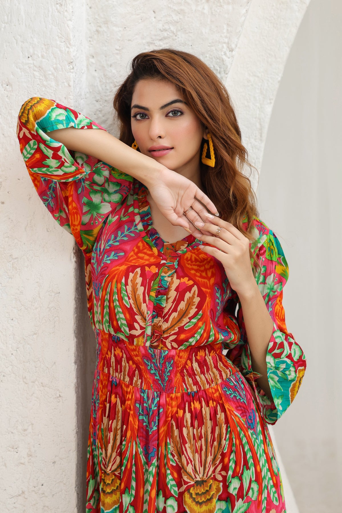 Women Abstract Printed Fit & Flare Maxi Ethnic Dress – Rain & Rainbow
