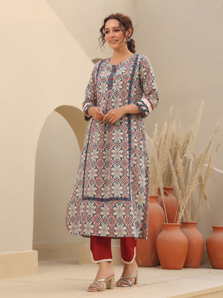 Beige motif printed kurta
