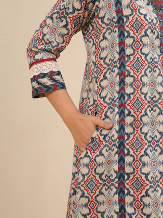 Beige printed cotton kurta