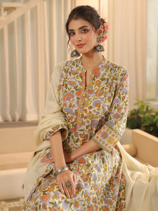 Beige printed cotton kurta set