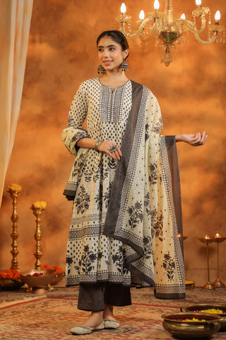 Black Floral Cotton Kurta Set