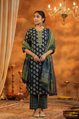 Blue Cotton Ethnic Kurta with Dupatta