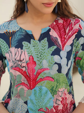 Blue Cotton Kurta Style Tunic Set