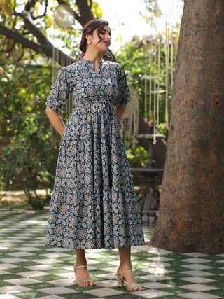 Blue Cotton Printed Flared Midi Dress