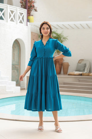 Blue Cotton Tiered Midi Dress