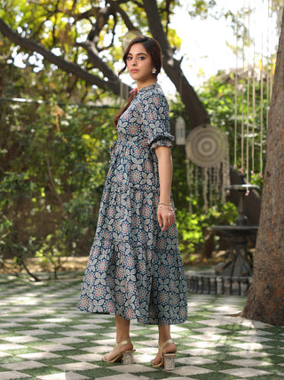 Blue Flared Tiered Cotton Dress