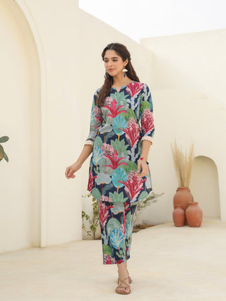 Blue Floral Cotton Tunic Set