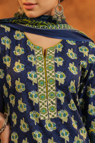 Blue Floral Kurta Set for Women