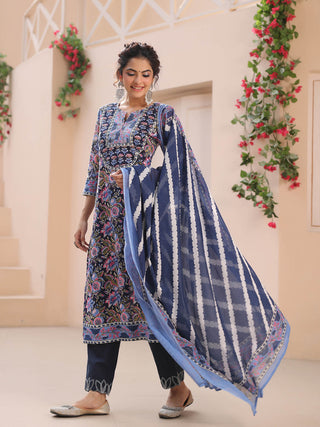 Blue Floral Kurta With Trousers
