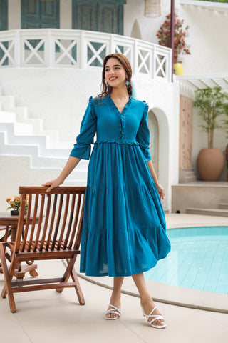 Blue Printed Tiered Fit & Flare Dress