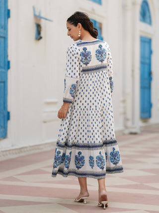 Blue V-neck cotton flare dress