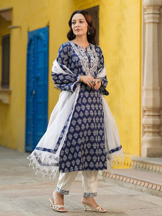 Blue cotton kurta set for women