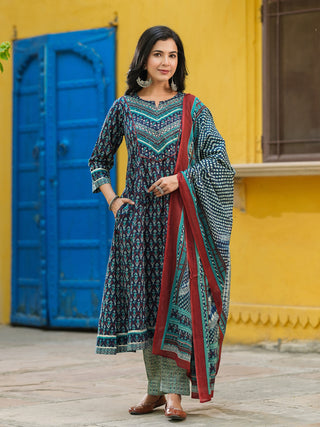 Blue cotton kurta set with dupatta