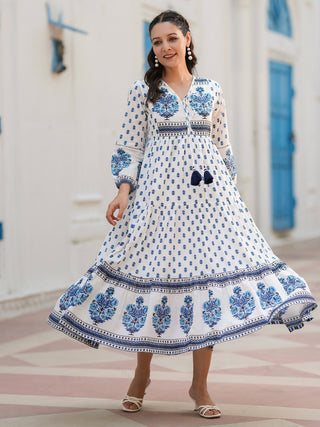 Blue ethnic cotton fit flare dress