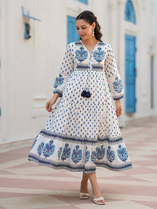 Blue ethnic motifs cotton midi dress
